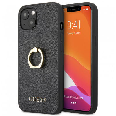 Чехол iPhone 13 Накладка Кожзам Guess 4G + Ring Hard (iPhone 13 Накладка Кожзам Guess Темно-Серый)