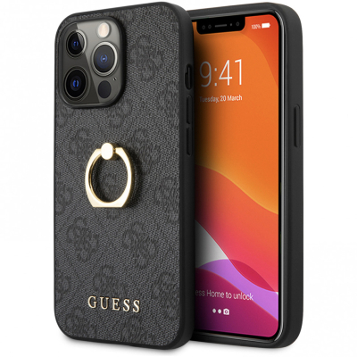 Чехол iPhone 13 Pro Накладка Кожзам Guess 4G + Ring Hard (iPhone 13 Pro Накладка Кожзам Темно-Серый)