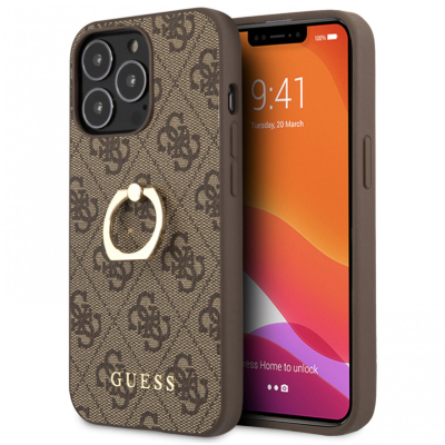 Чехол iPhone 14 Pro Накладка Кожзам Guess 4G + Ring Hard (iPhone 14 Pro Накладка Guess Коричневый)