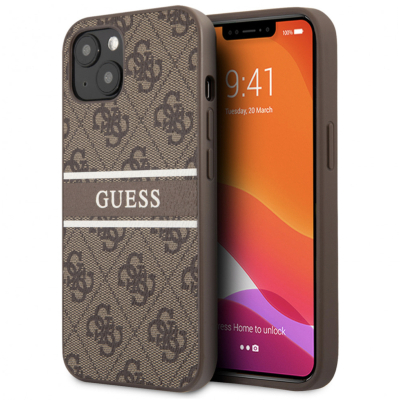 Чехол iPhone 13 Накладка Кожзам Guess Stripe Printed Logo Hard (iPhone 13 Накладка Кожзам Guess Коричневый)